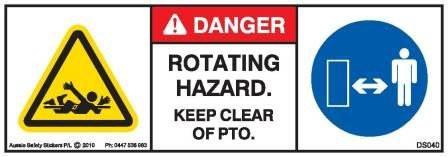 ROTATING HAZARD - KEEP CLEAR OF PTO, POWER TAKE OFF (Horizontal)