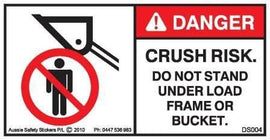 DO NOT STAND UNDER LOAD FRAME OR BUCKET (Horizontal)